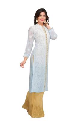 Blue Embroidered Faux Georgette Chikankari Kurti 4