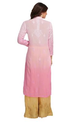 Pink Embroidered Faux Georgette Chikankari Kurti  2