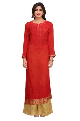 Red Embroidered Faux Georgette Chikankari Kurti  1
