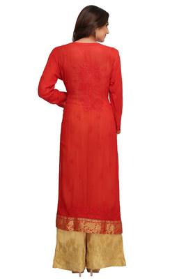 Red Embroidered Faux Georgette Chikankari Kurti  2