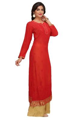 Red Embroidered Faux Georgette Chikankari Kurti  3