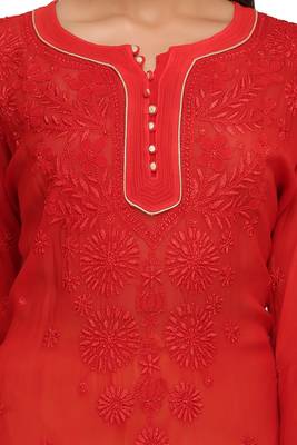 Red Embroidered Faux Georgette Chikankari Kurti  4