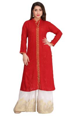 Red Embroidered Faux Georgette Chikankari Kurti 1