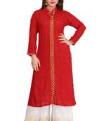 Red Embroidered Faux Georgette Chikankari Kurti