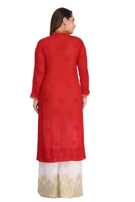 Red Embroidered Faux Georgette Chikankari Kurti 2