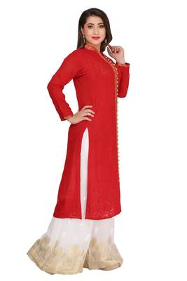 Red Embroidered Faux Georgette Chikankari Kurti 3