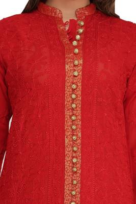 Red Embroidered Faux Georgette Chikankari Kurti 4
