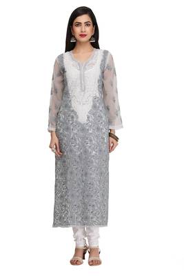 Grey Embroidered Faux Georgette Chikankari Kurti 1