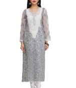 Grey Embroidered Faux Georgette Chikankari Kurti