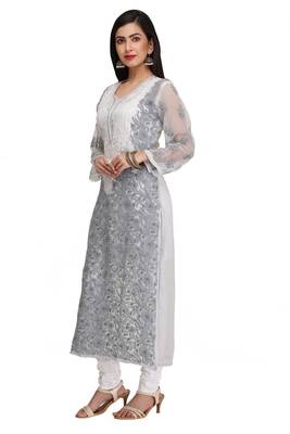 Grey Embroidered Faux Georgette Chikankari Kurti 3