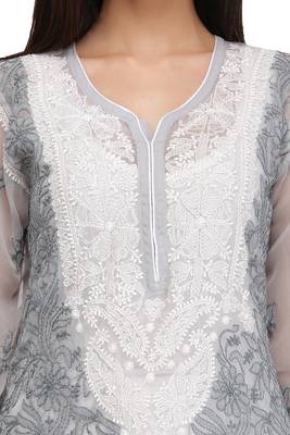 Grey Embroidered Faux Georgette Chikankari Kurti 4