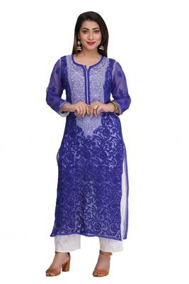 Blue Embroidered Faux Georgette Chikankari Kurti 1