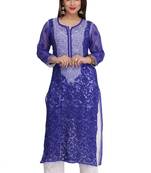 Blue Embroidered Faux Georgette Chikankari Kurti