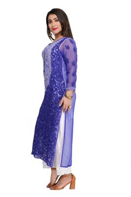 Blue Embroidered Faux Georgette Chikankari Kurti 3