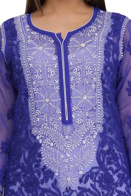 Blue Embroidered Faux Georgette Chikankari Kurti 4