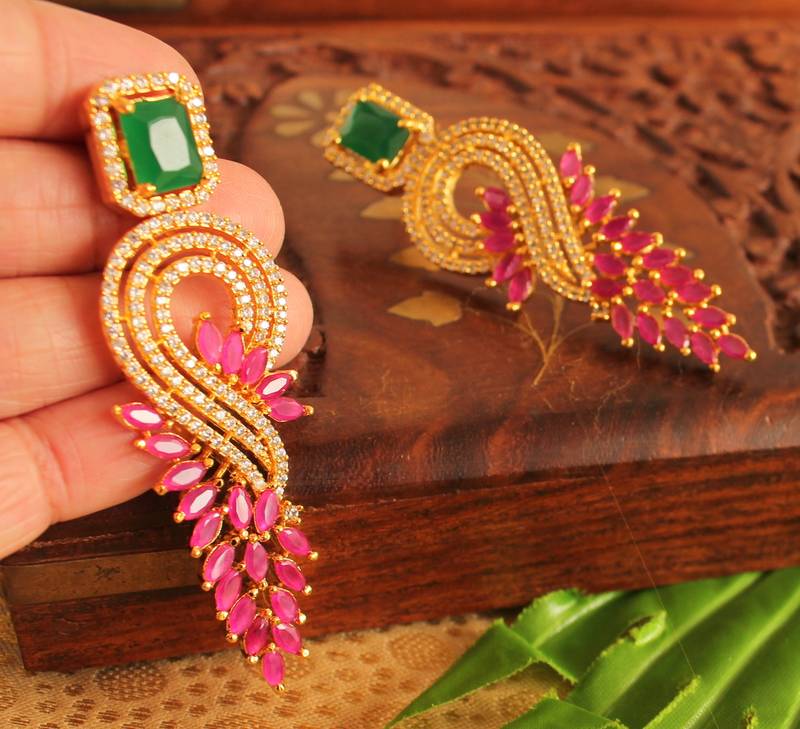 Awesome Gold Plated Semiprecious Ruby Emerald Party Wear Studs