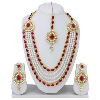 Designer Traditional Rani Stone Long Necklace Set With Maang Tikka 1