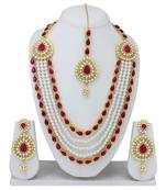 Designer Traditional Rani Stone Long Necklace Set With Maang Tikka