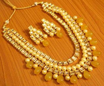 Kundan Meenakari Pearl  And  Yellow Onyx Necklace Set 1