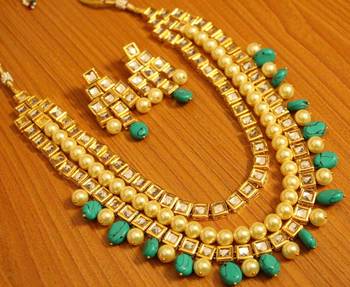 Turquoise  And  Pearl Kundan Meenakari Necklace Set 1