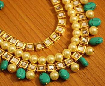 Turquoise  And  Pearl Kundan Meenakari Necklace Set 2
