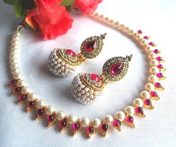 Dark pink Gota pearl necklace set 1