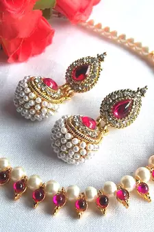 Dark pink Gota pearl necklace set
