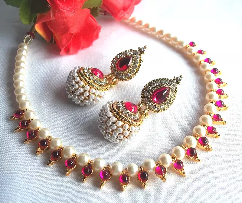 Dark pink Gota pearl necklace set