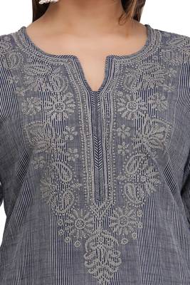 Blue Embroidered Cotton Chikankari Kurti  4
