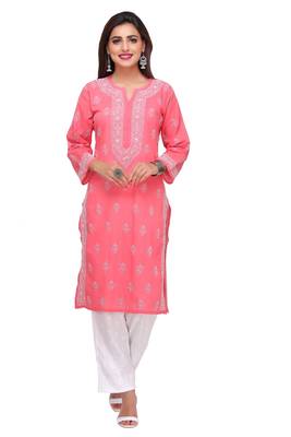 Ada Hand Embroidered Carrot Pink Cotton Lucknow Chikan Kurti - A220764 1