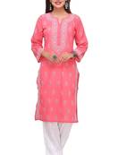 Ada Hand Embroidered Carrot Pink Cotton Lucknow Chikan Kurti - A220764