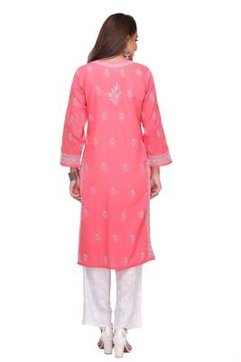 Ada Hand Embroidered Carrot Pink Cotton Lucknow Chikan Kurti - A220764 2