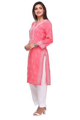 Ada Hand Embroidered Carrot Pink Cotton Lucknow Chikan Kurti - A220764 3