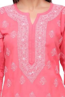 Ada Hand Embroidered Carrot Pink Cotton Lucknow Chikan Kurti - A220764 4