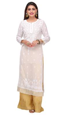 White Embroidered Faux Georgette Chikankari Kurti 1