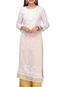 White Embroidered Faux Georgette Chikankari Kurti