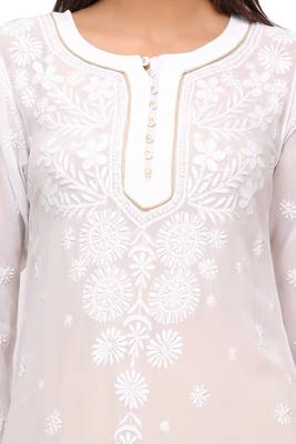 White Embroidered Faux Georgette Chikankari Kurti 4