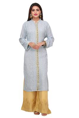 Grey Embroidered Faux Georgette Chikankari Kurti  1