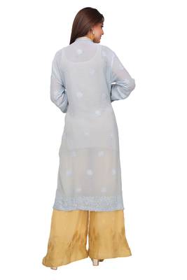 Grey Embroidered Faux Georgette Chikankari Kurti  2