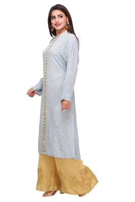 Grey Embroidered Faux Georgette Chikankari Kurti  3