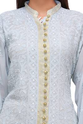 Grey Embroidered Faux Georgette Chikankari Kurti  4