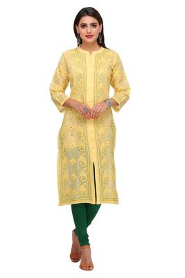 Yellow Embroidered Cotton Chikankari Kurti 1