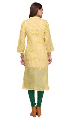 Yellow Embroidered Cotton Chikankari Kurti 2