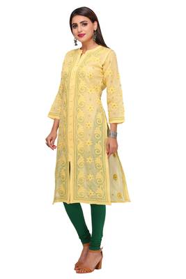 Yellow Embroidered Cotton Chikankari Kurti 3