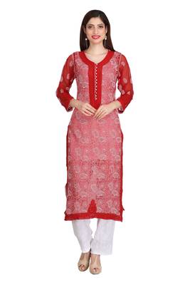 Maroon Embroidered Faux Georgette Chikankari Kurti 2