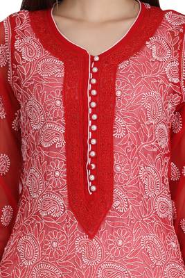 Maroon Embroidered Faux Georgette Chikankari Kurti 5