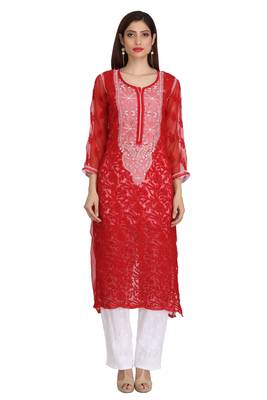 Red Embroidered Faux Georgette Chikankari Kurti 2