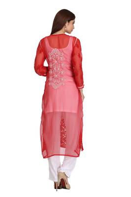 Red Embroidered Faux Georgette Chikankari Kurti 3