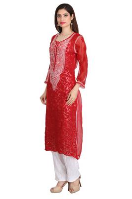 Red Embroidered Faux Georgette Chikankari Kurti 4