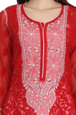 Red Embroidered Faux Georgette Chikankari Kurti 5